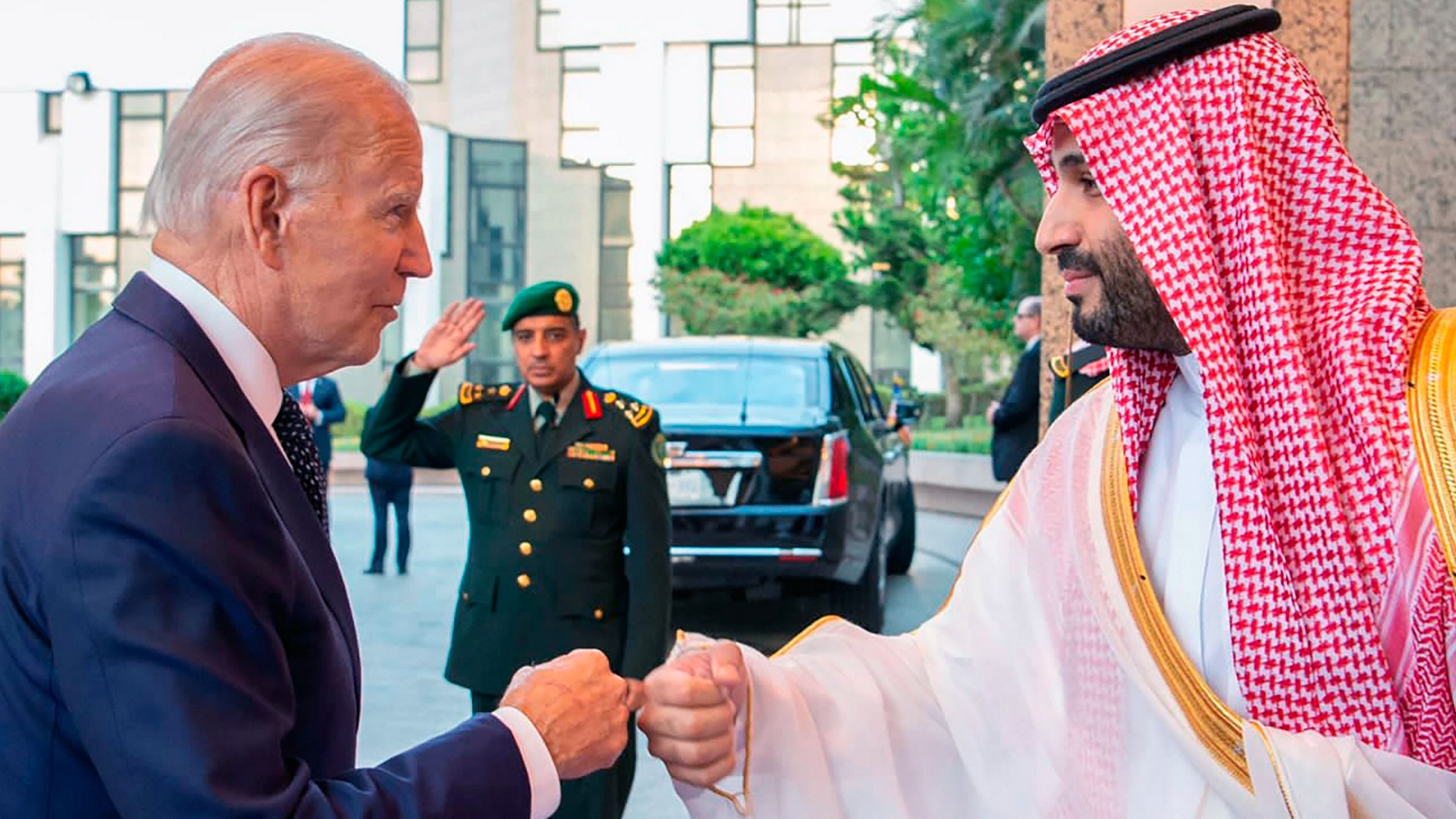 Saudi Crown Prince Mohammed bin Salman, right, greets President Joe Biden, with a fist bump after his arrival in Jeddah, Saudi Arabia. Credit: AP/ PTI
