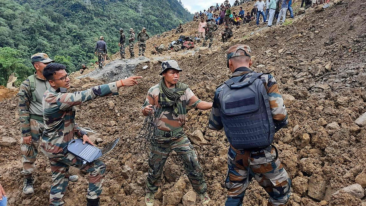The disastrous landslides at a railway construction site at Tupul in western Manipur's Noney district on June 29-30 buried alive over 60 people. Credit: AFP Photo