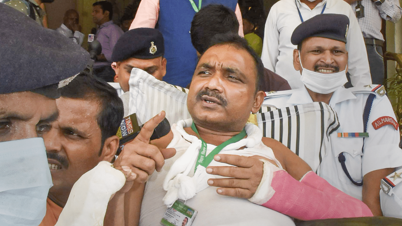 BJP MLA from Sitamarhi Mithilesh Kumar leaves on a stretcher after casting his vote for the election of the President. Credit: PTI Photo