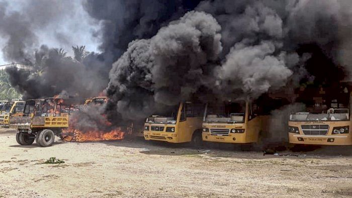 Protests against a student suicide in Kallakurichi, Tamil Nadu turned violent on Sunday, July 17, 2022. Credit: PTI Photo