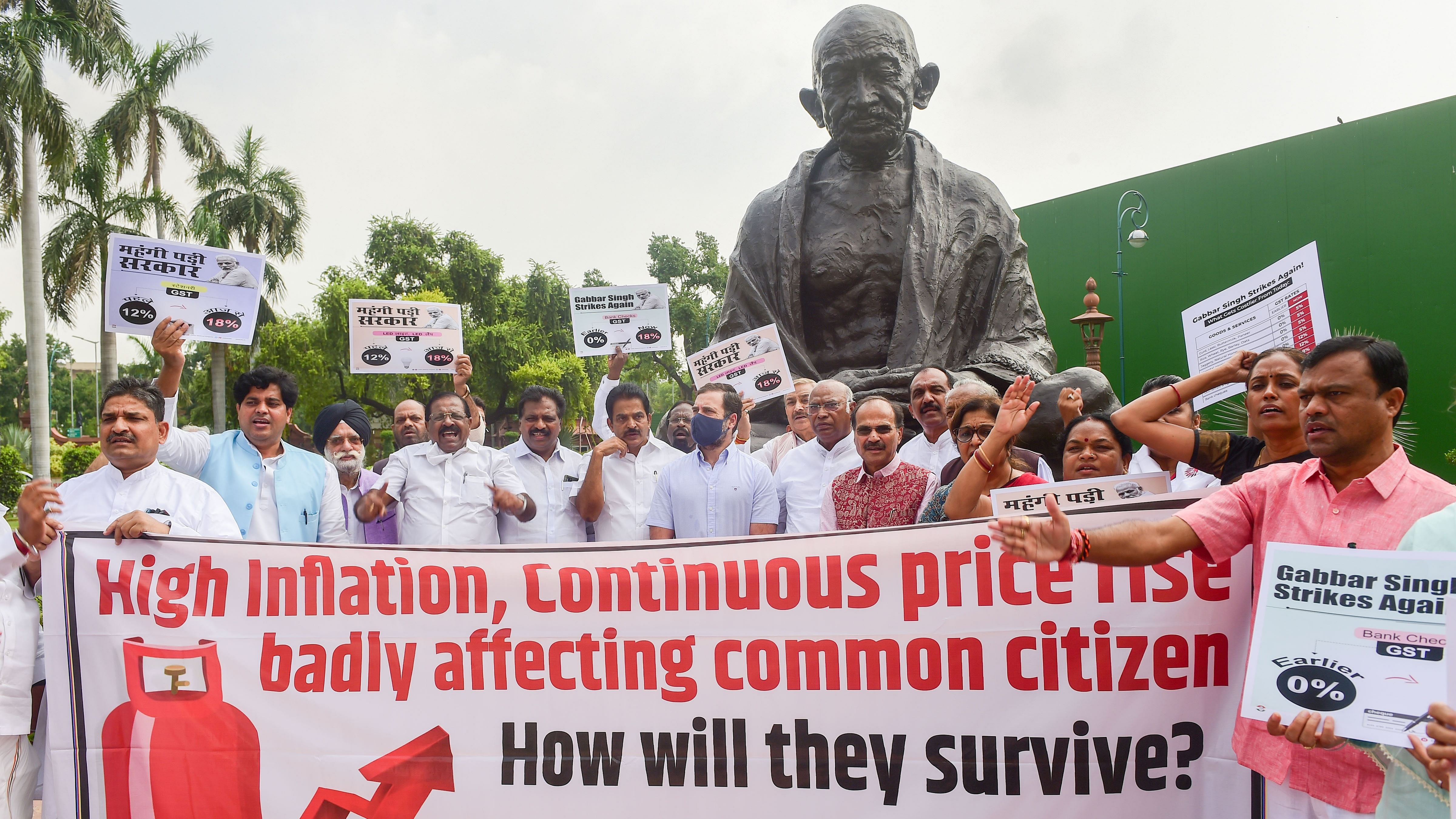 Besides Congress leader Rahul Gandhi, some opposition MPs including Supriya Sule of the NCP, Ram Gopal Yadav of the Samajwadi party and Priyanka Chaturvedi of the Shiv Sena were present during the protest which was held in front of Mahatma Gandhi's statue in Parliament complex. Credit: PTI