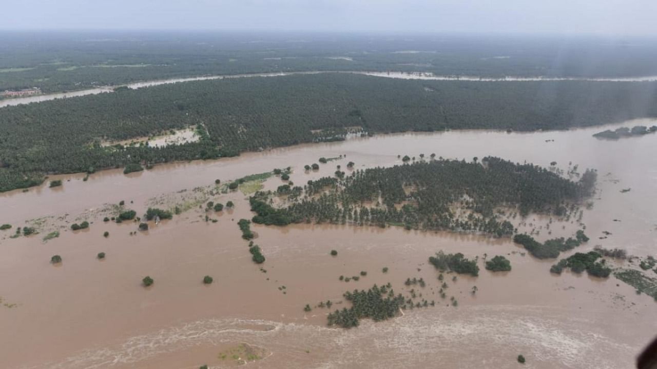 An aerial view of flood affected areas in Andhra Pradesh. Credit: IANS photo