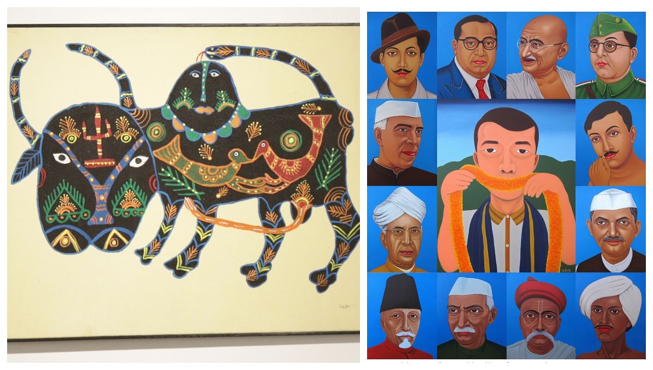 (Left) A work by Rinku Baiga from Madhya Pradesh. Credit: Raza Foundation. (Right) A work by Punyo Chobin from Arunachal Pradesh. Credit Punyo Chobin