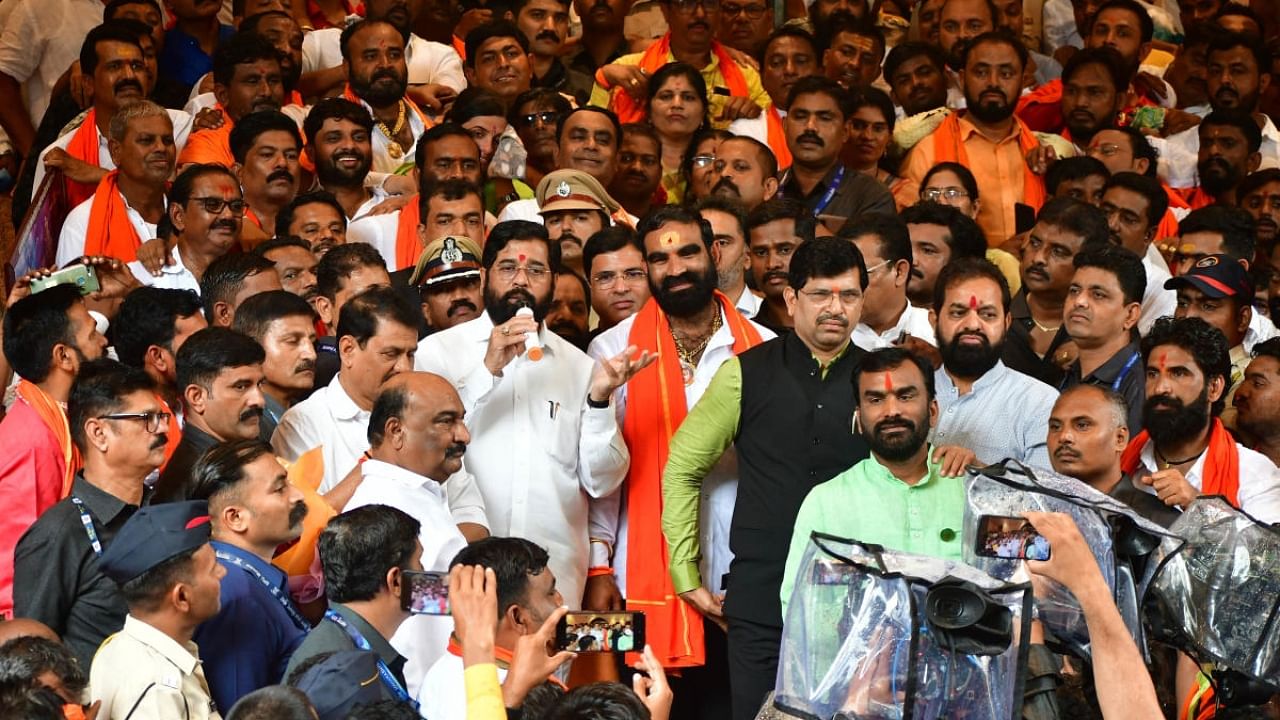 Eknath Shinde with his supporters. Credit: PTI Photo