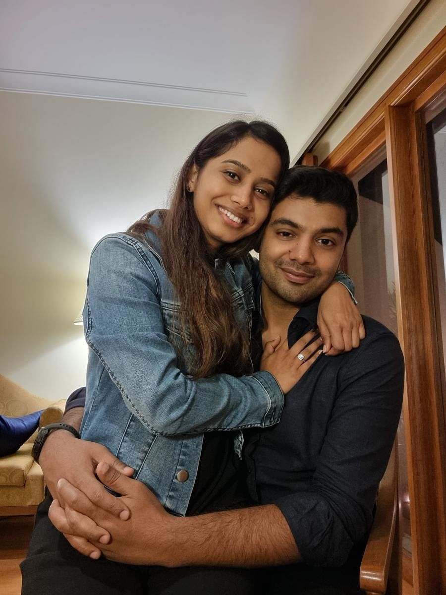 Madhurima Biswas with fiance Abhishek Naidu. Her engagement ring is studded with lab-grown diamonds.