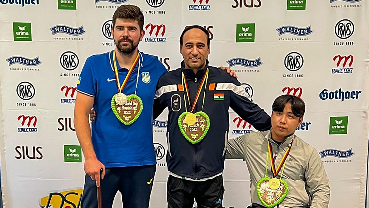 Paralympic medallist Singhraj Adhana, who won two golds on the final day, as India produced their best-ever performance at the Para Shooting World Cup finishing with 10 medals, in Munich. Credit: PTI Photo