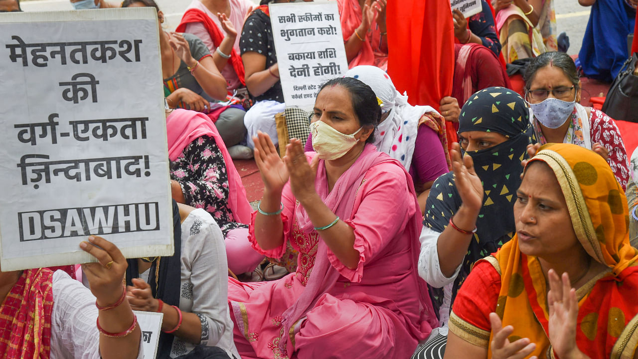 Anganwadi workers stage a protest against illegal termination and implementation of alleged anti-workers labour codes, at Jantar Mantar, in New Delhi, Saturday, July 2, 2022. Credit: PTI File Photo