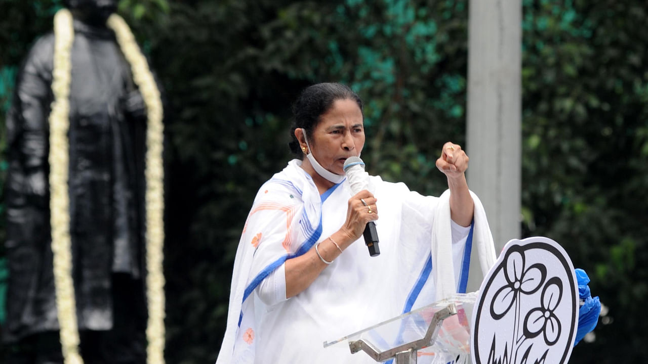 West Bengal CM and TMC supremo Mamata Banerjee addresses supporters and workers during Martyr's Day rally in Kolkata on July 21, 2022. Credit: IANS Photo