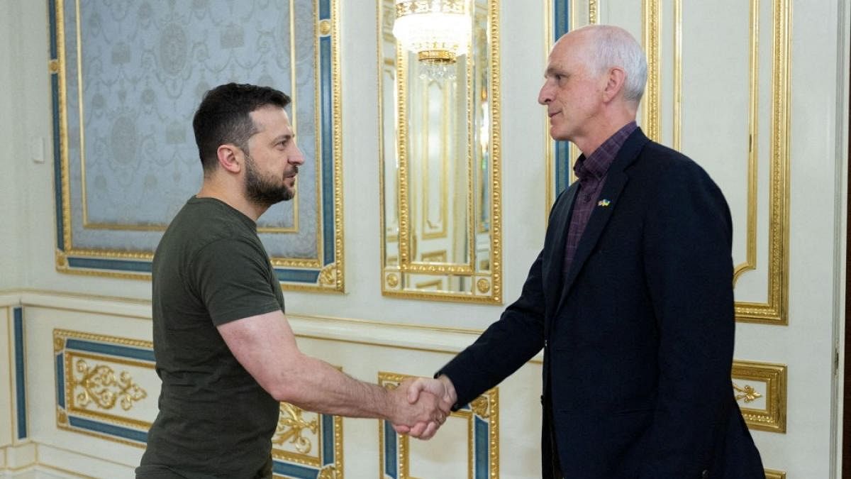 Ukraine's President Volodymyr Zelenskyy welcomes Rep. Adam Smith (D-WA), Chairman of the House Armed Services Committee, who leads US House of Representatives delegation, before their meeting amid Russia's attack on Ukraine. Credit: Reuters photo