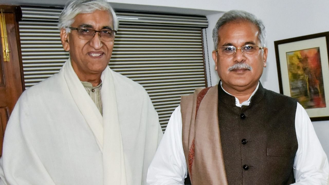 Senior leaders of Congress party's Chhattisgarh unit, from left, TS Singh Deo, Bhupesh Baghel. Credit: PTI Photo