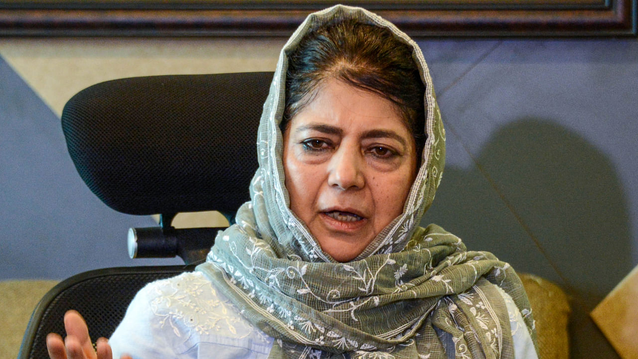PDP chief Mehbooba Mufti addresses a press conference at her residence, in Srinagar, Saturday, June 25, 2022. Credit: PTI File Photo