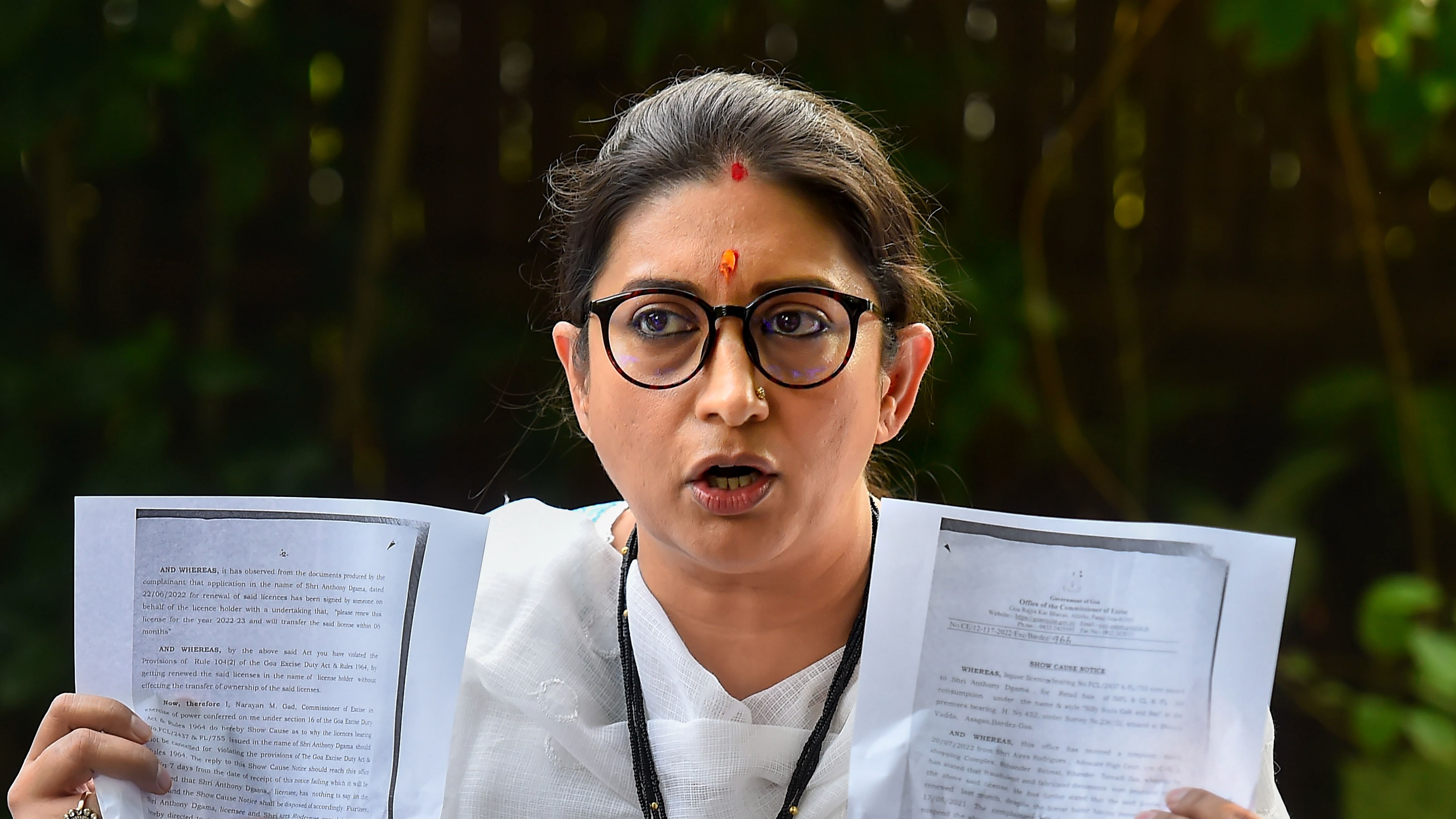 Union Minister Smriti Irani addresses a press conference at her residence in New Delhi. Credit: PTI Photo