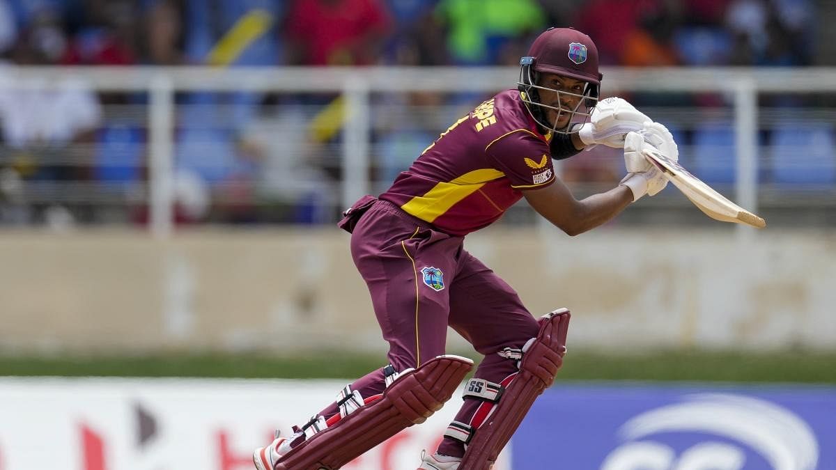 West Indies' Shai Hope plays a shot against India during the second ODI cricket match at Queen's Park Oval in Port of Spain, Trinidad and Tobago. Credit: AP/PTI Photo