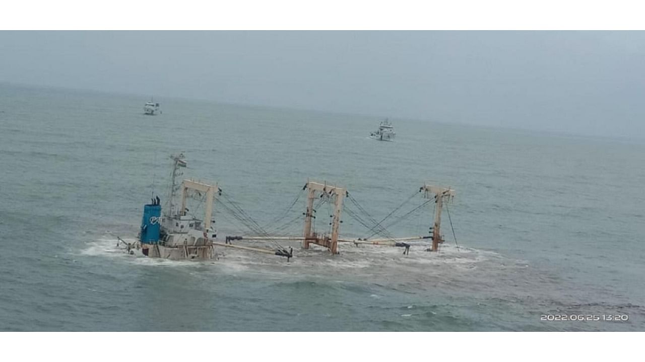 Indian Coast Guard ships monitor the grounded merchant vessel M V Princess Miral. Credit: Special arrangement