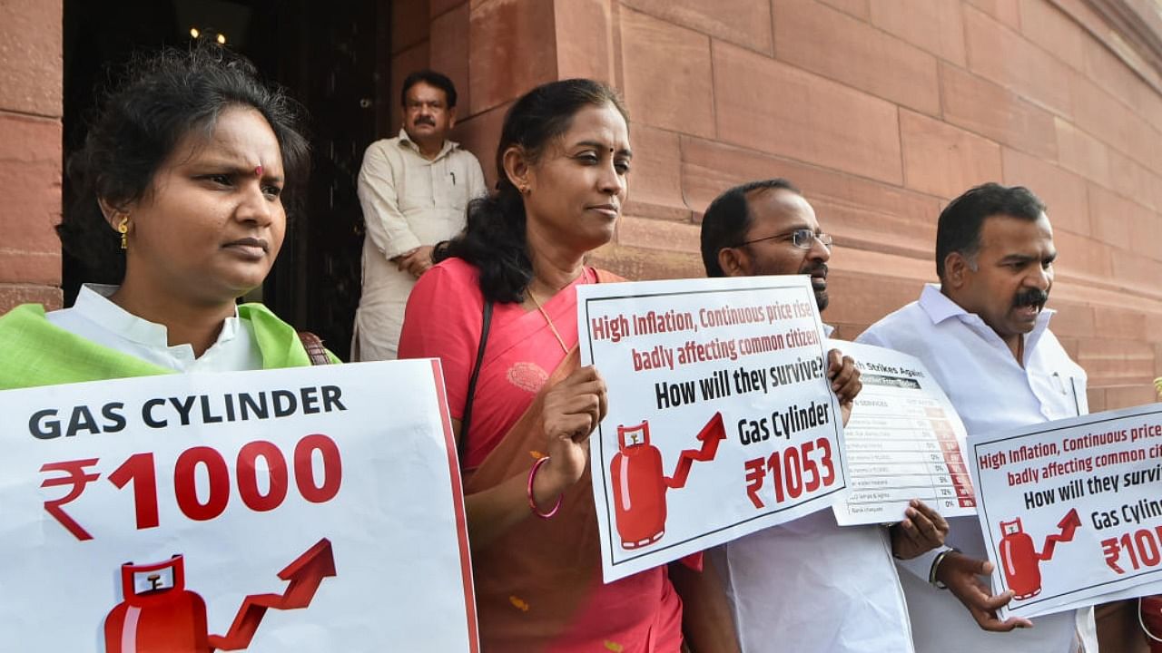 Congress MPs Manickam Tagore, TN Prathapan, Jothimani and Ramya Haridas after being suspended for rest of the session for allegedly disrupting proceedings in the Lok Sabha during ongoing Monsoon Session of Parliament, in New Delhi, Monday, July 25, 2022. Credit: PTI Photo