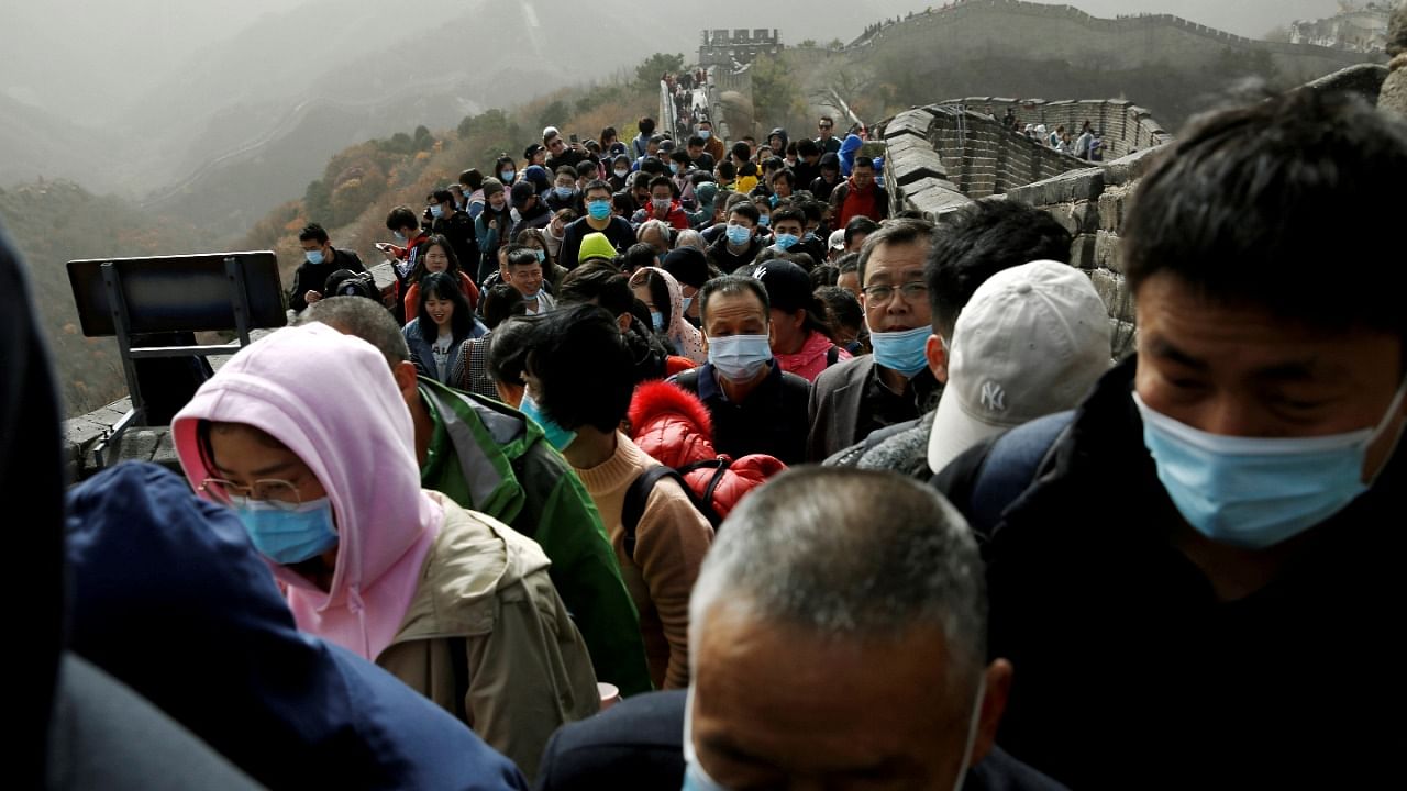 People wearing masks visit a section of the Great Wall in Beijing. Credit: Reuters photo