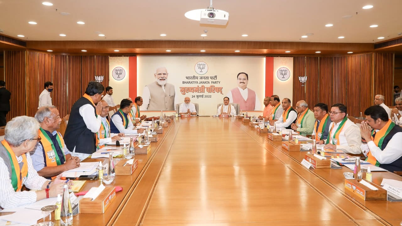 PM Modi meets Chief Ministers of BJP-ruled states at the party office, in New Delhi on Sunday, July 24, 2022. Credit: PTI Photo