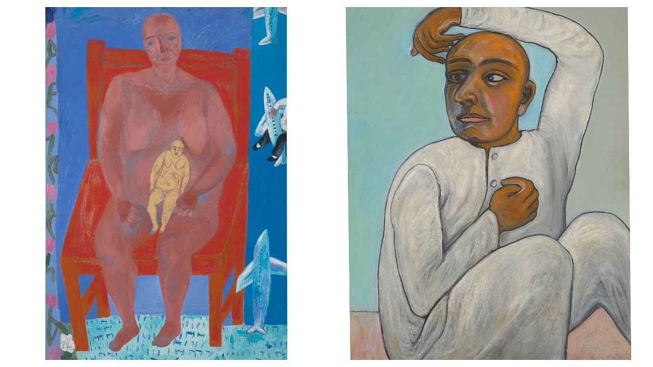 A Woman with Another Woman, a 1995 work by Arpita Singh; Man in Kurta Pyjama, a 1990 work by Jogen Chowdhury. Credit: Christie's