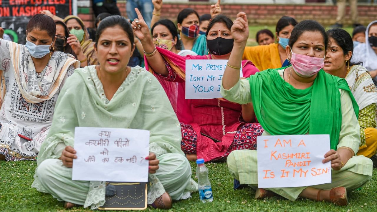 Kashmiri pandits raise slogans during a protest demanding their safe relocation, in Srinagar, Wednesday, July 6, 2022. Credit: PTI Photo for representation