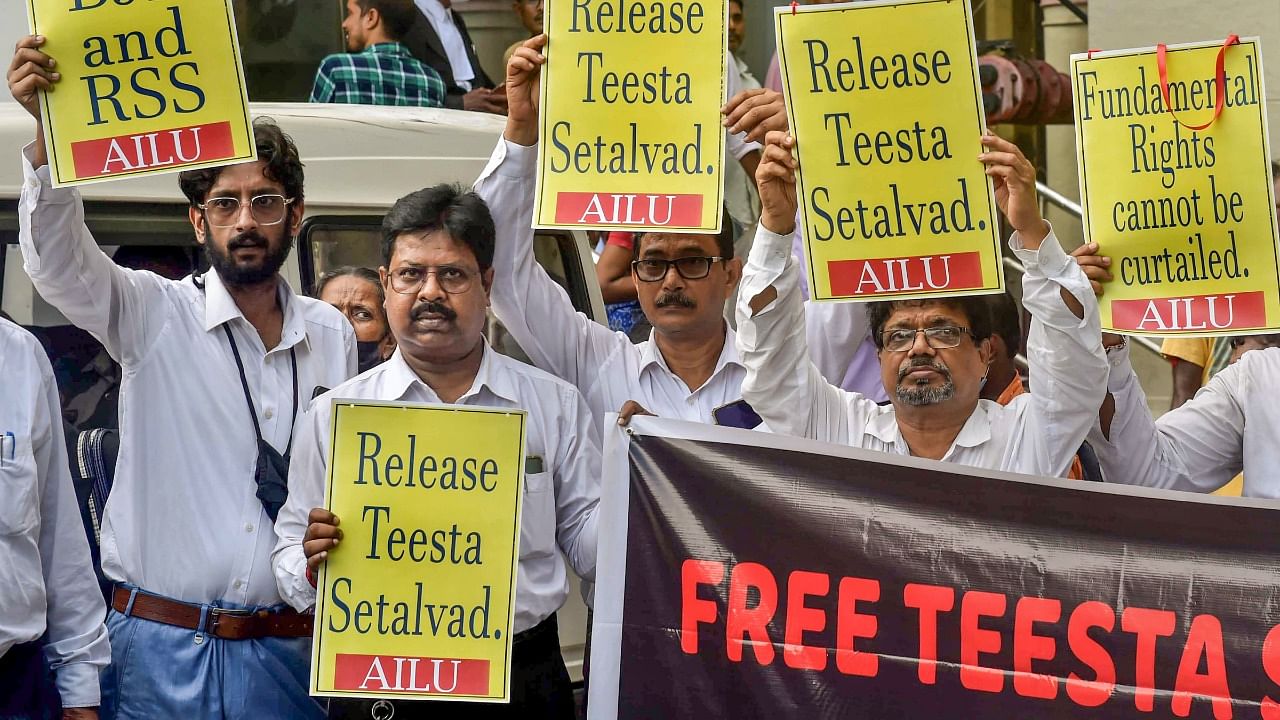 Lawyers take part in a protest rally in support of Teesta Setalvad and other arrested Human Rights activists. Credit: PTI Photo