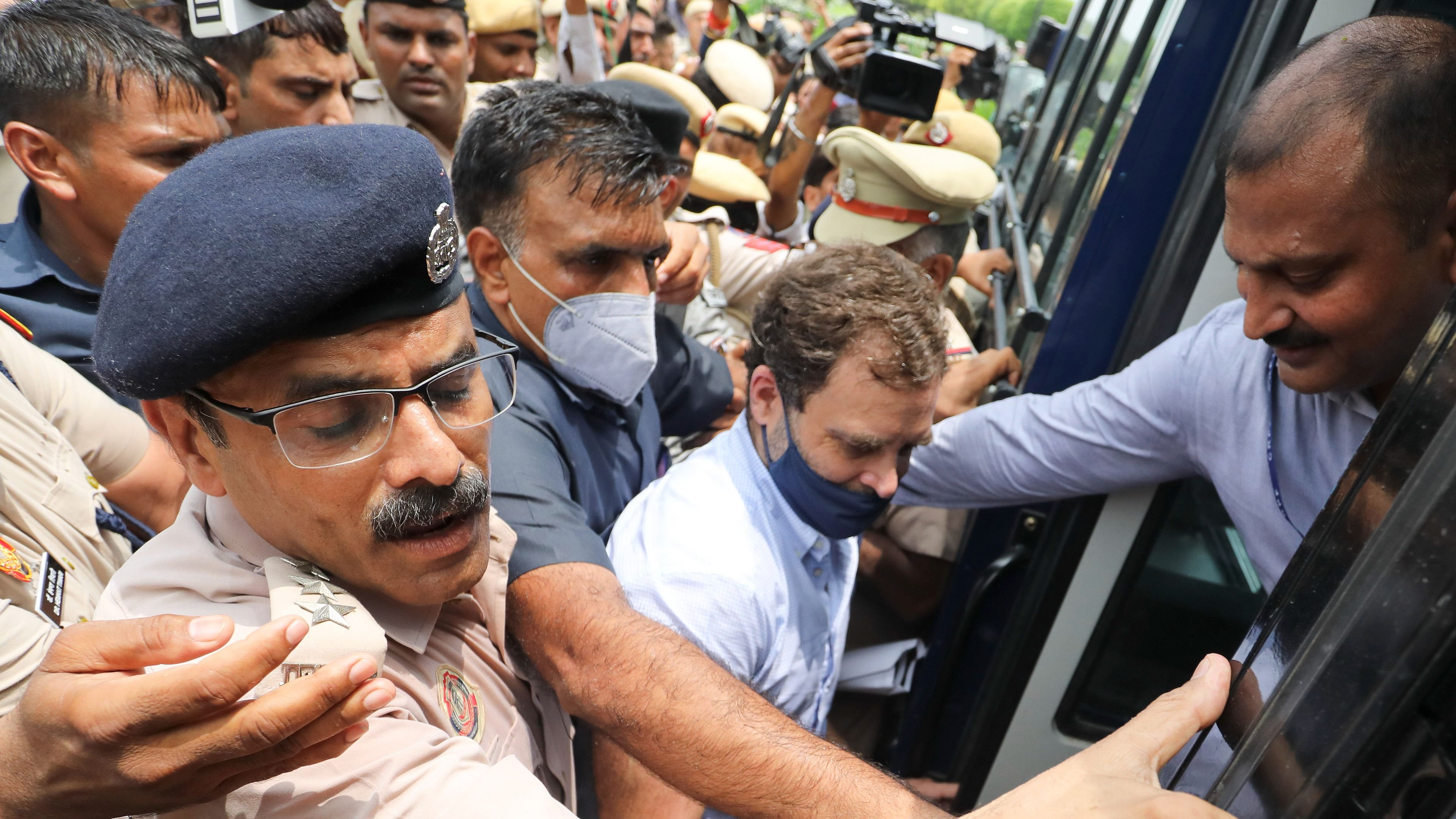 Police detain Congress MP Rahul Gandhi during a protest march from Parliament to Rashtrapati Bhawan against ED's interrogation of the party's interim President Sonia Gandhi in the National Herald case, in New Delhi, Tuesday, July 26, 2022. Credit: PTI Photo