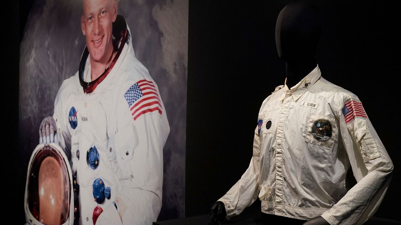 Buzz Aldrin's Inflight Coverall Jacket, worn by him on his Apollo 11 mission to the Moon is on display July 21, 2022 during a media preview at Sotheby’s in New York. Credit: AFP Photo