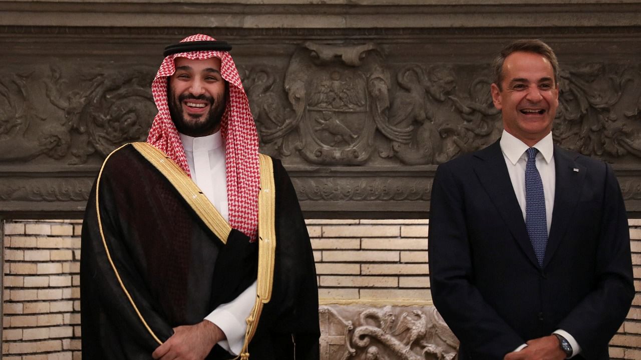 Saudi Crown Prince Mohammed bin Salman and Greek Prime Minister Kyriakos Mitsotakis attend a signing ceremony at the Maximos Mansion, in Athens. Credit: Reuters photo