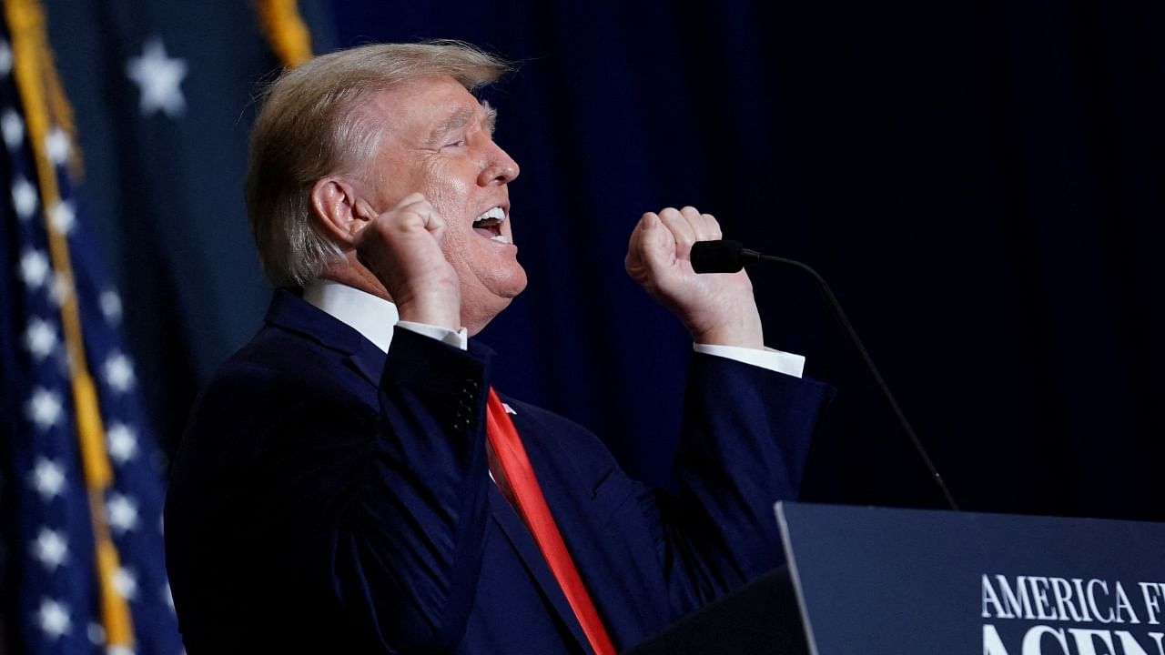 Donald Trump mocks transgender athletes during remarks at the America First Policy Institute America First Agenda Summit in Washington. Credit: Reuters photo