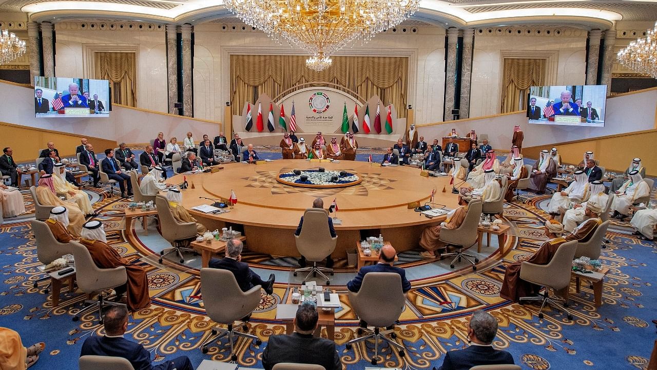 Leaders and representatives of the Gulf Cooperation Council (GCC) countries, the US, Egypt, Iraq, and Jordan attend the Jeddah Security and Development Summit (GCC+3) at a hotel in Saudi Arabia's Red Sea coastal city of Jeddah. Credit: AFP Photo/Bandar Al-Jaloud / Saudi Royal Palace