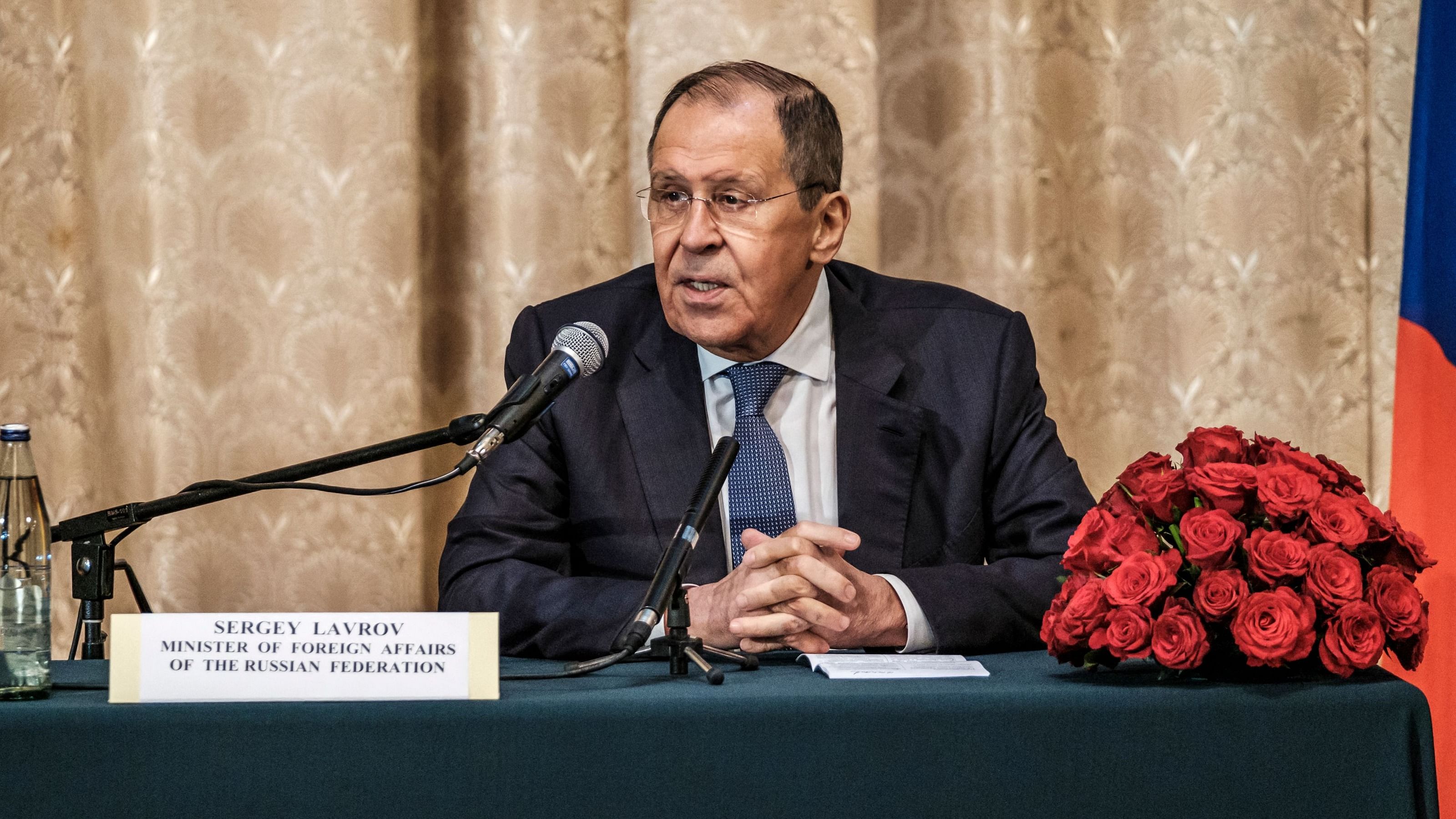 Sergey Lavrov, minister of foreign affairs of the Russian Federation, addresses the public during a press conference at the Russian embassy, in Addis Ababa, Ethiopia. Credit: AFP Photo