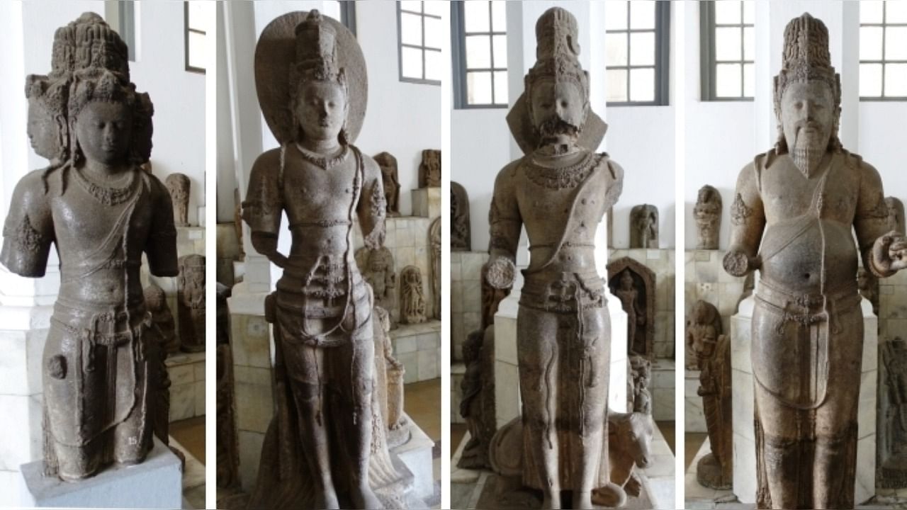 (L-R) Majestic stone statues of Brahma, Vishnu, Shiva and Agastya that were retrieved from the Candi Banon site. Credit: Jaydeep Sarkar 