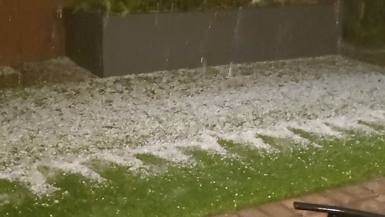 Hail falls in a garden as thunderstorm moves over in Las Vegas, Nevada, U.S., July 28, 2022. Credit: Reuters File Photo