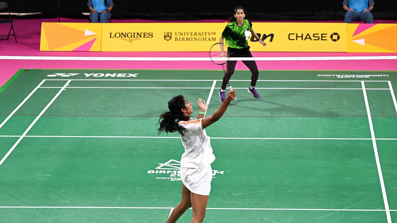 India's P V Sindhu in action against Shahzad Mahoor of Pakistan in a group league match of Commonwealth Games 2022, July 29, 2022. Credit: IANS Photo