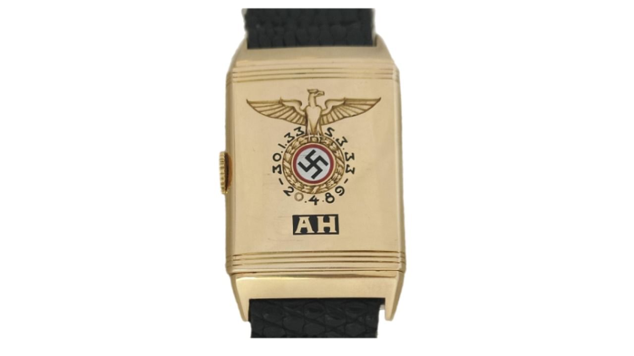 The timepiece made by German watch firm Huber, which has a swastika and the initials AH engraved on it, was sold to an anonymous bidder at the Alexander Historical Auctions in Maryland. Credit: Image taken from  Alexander Historical Auction's website