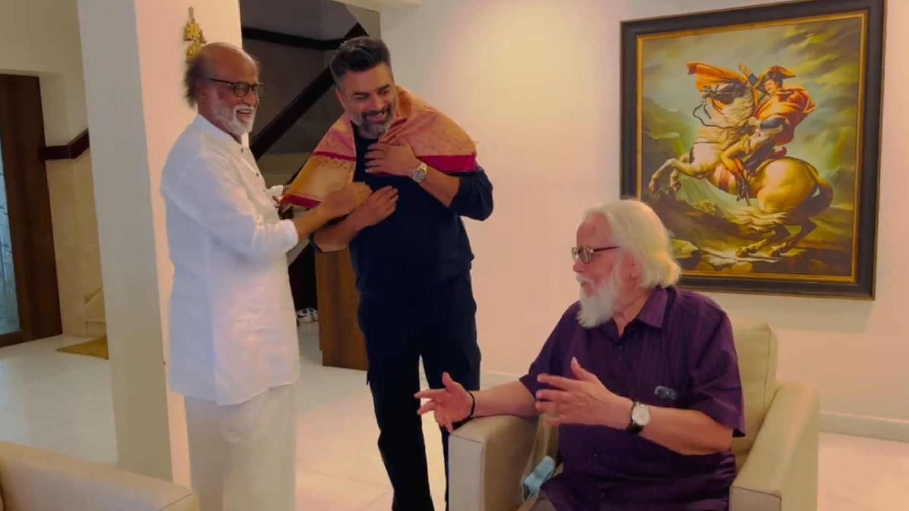 Rajinikanth is seen honouring both Madhavan and Nambi Narayanan by presenting them with silk shawls. Credit: Twitter/ @ActorMadhavan