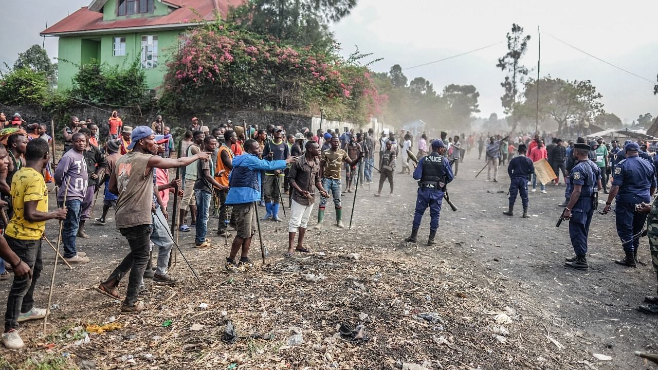 Demonstrators clash with police during a protest against the United Nations peacekeeping force (MONUSCO) deployed in the Democratic Republic of the Congo. Credit: AP/PTI Photo