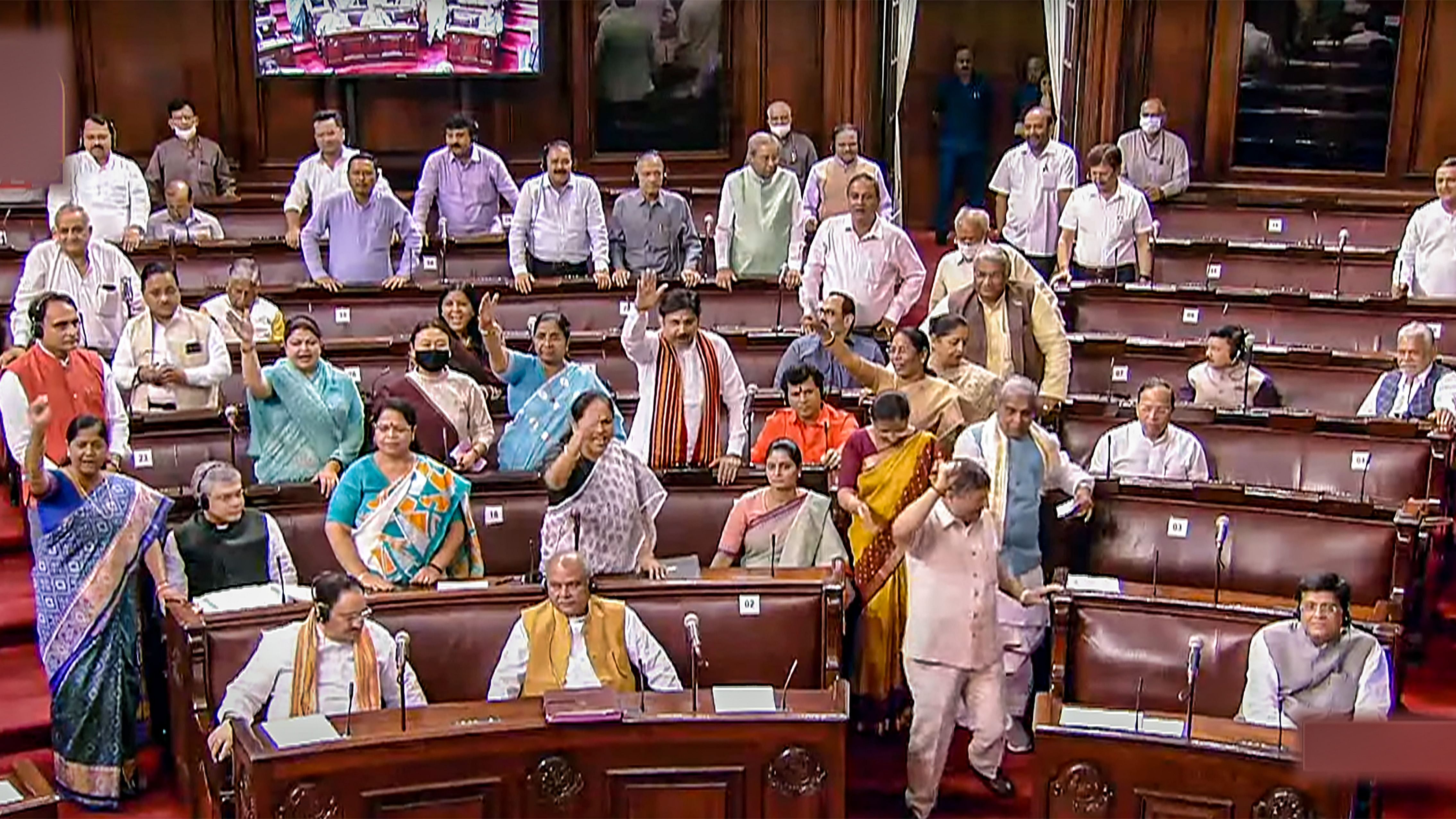 Members of Rajya Sabha protest in the House during Monsoon Session of Parliament, in New Delhi, Friday, July 29, 2022. Credit: PTI File Photo