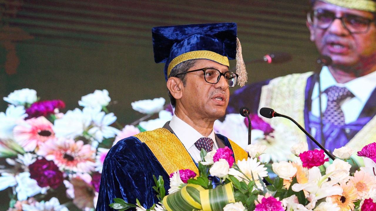 Chief Justice of India N V Ramana addresses the fifth convocation of Hidayatullah National Law University, in Raipur. Credit: PTI Photo