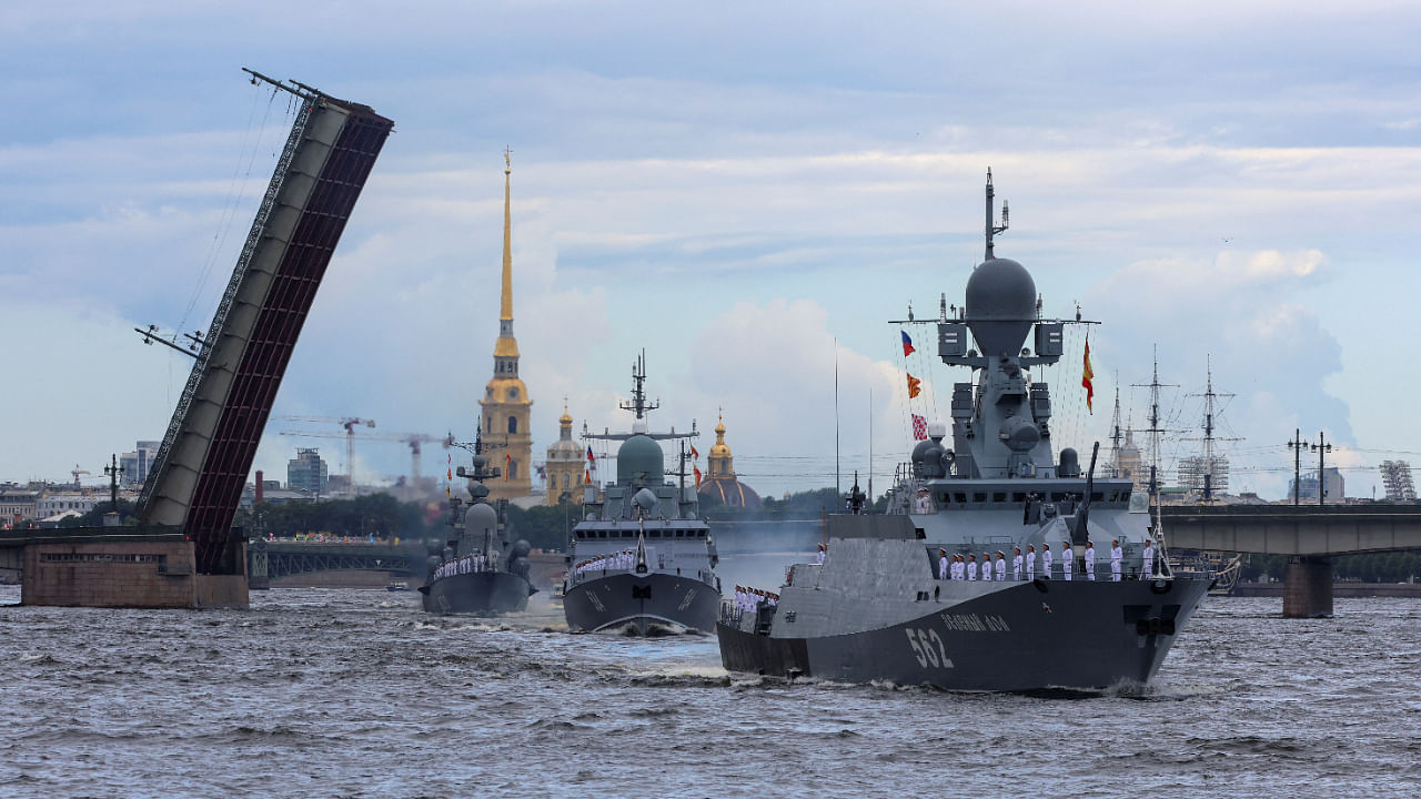 Russian warships sail during a parade marking Navy Day in Saint Petersburg, Russia July 31, 2022. Credit: Reuters Photo