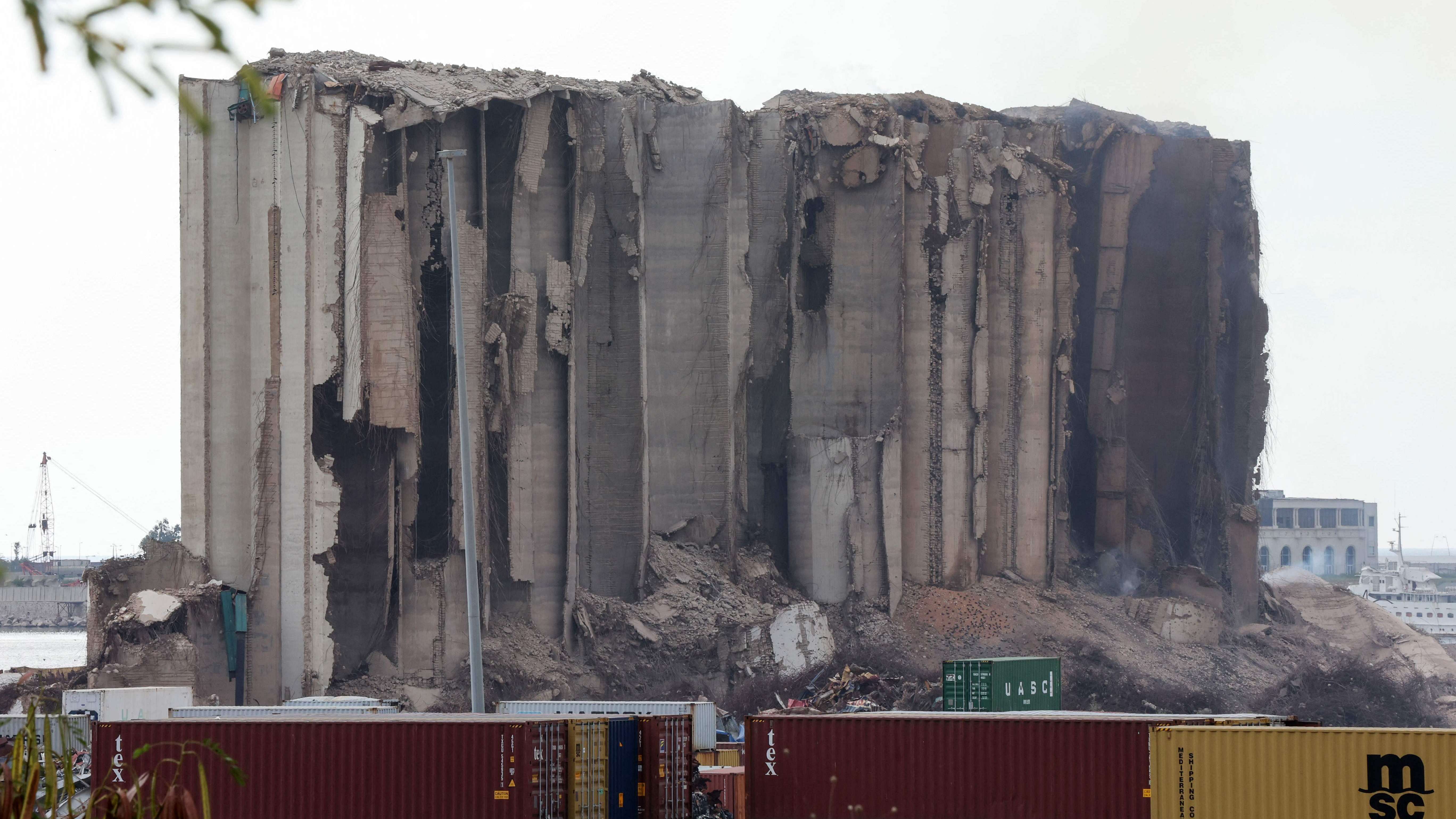 A picture shows a view of the heavily damaged grain silos. Credit: AFP Photo