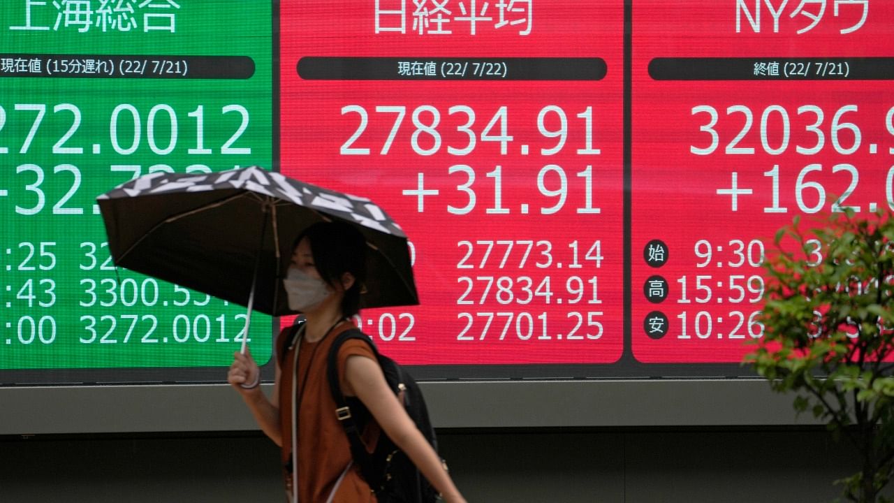 A woman walks past an electronic board showing the Nikkei 225 stock index, center, at a securities company in Tokyo. Credit: AP Photo