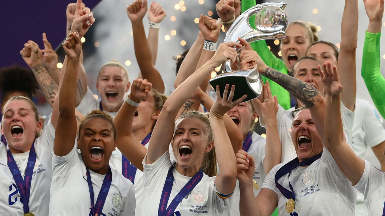 English players celebrate after their win in the UEFA Women's Euro 2022 final football match against Germany, July 31, 2022. Credit: AFP Photo