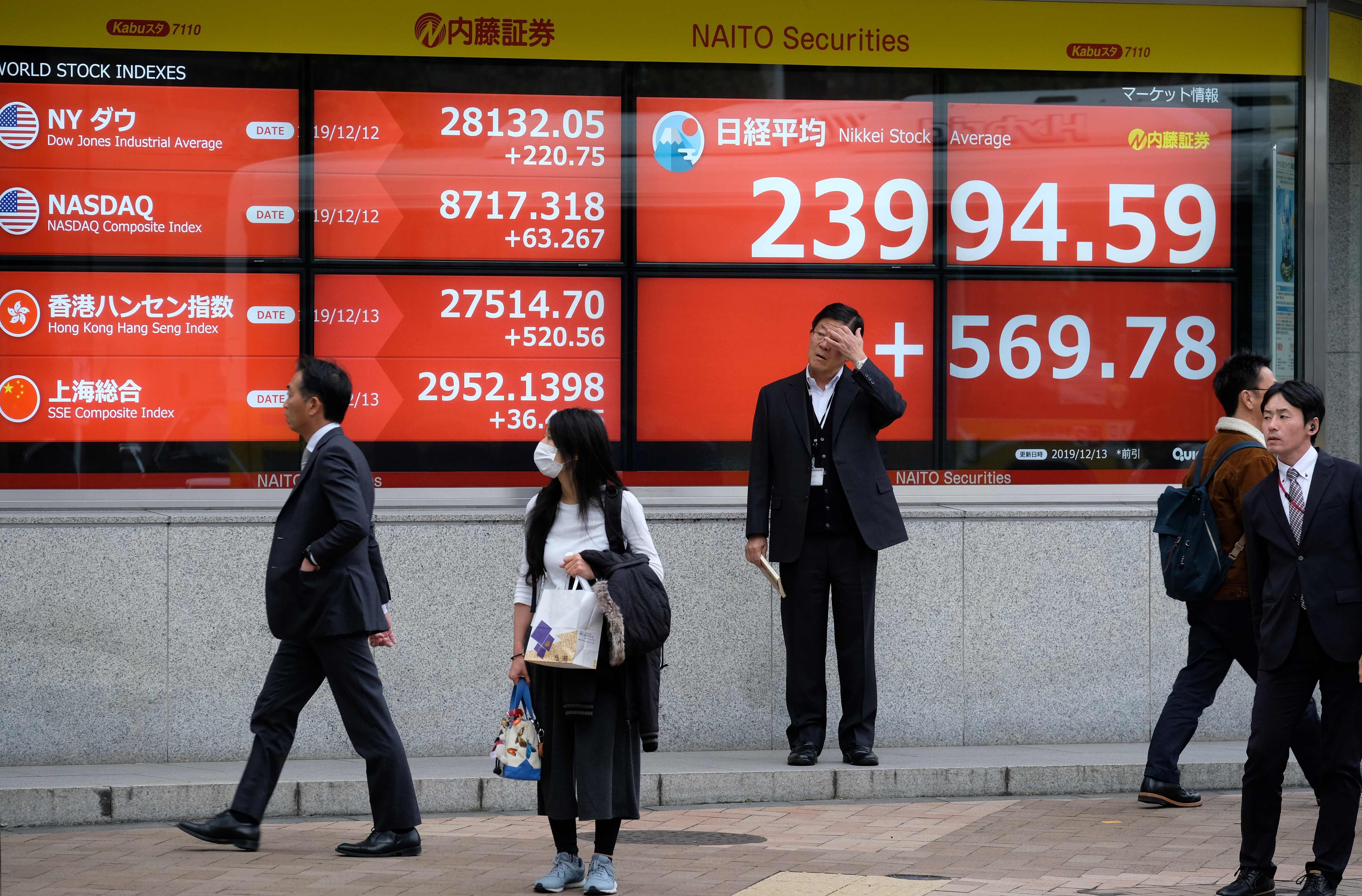 JAPAN-STOCKS Pedestrians walk in front of an electric quotation board displaying the numbers on the Nikkei 225 Index on the Tokyo Stock Exchange in Tokyo. Credit: AFP Photo