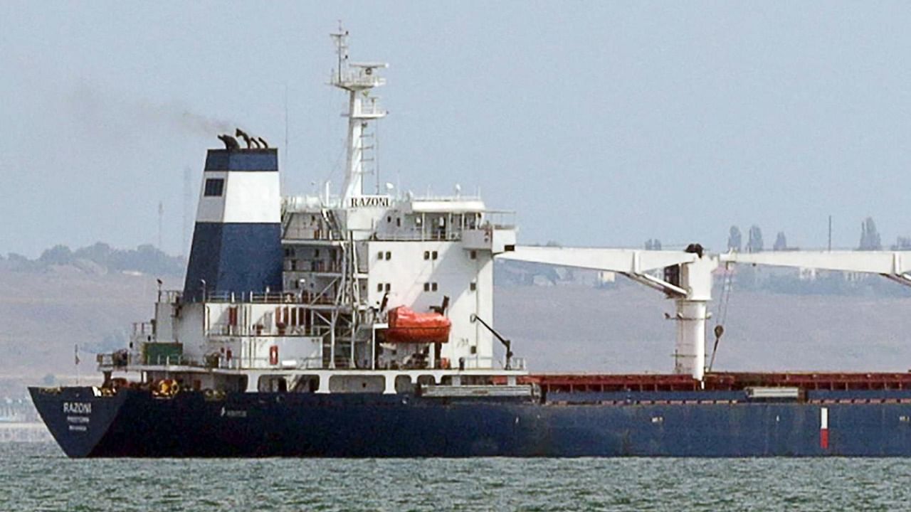Bulk carrier M/V Razoni, carrying a cargo of 26,000 tonnes of corn, leaves Ukraine’s port of Odessa, en route to Tripoli in Lebanon, on August 1, 2022, amid Russia's military invasion launched on Ukraine. Credit: AFP Photo