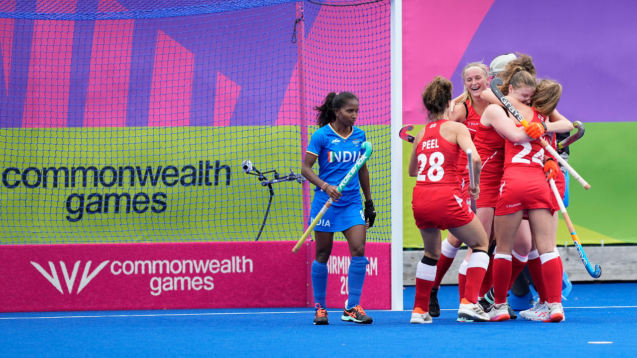 England players celebrate after scoring their side's second goal during the Women's Pool A hockey match between England and India at the Commonwealth Games in Birmingham, England, Tuesday, Aug. 2, 2022. Credit: AP/PTI Photo