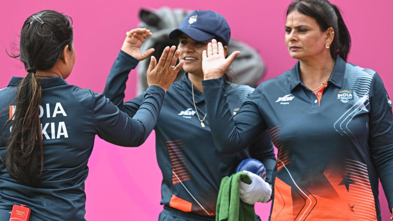 India's players Lovely Choubey, Nayanmoni Saikia and Pinki during the Lawn Bowls Women's Fours final match against South Africa, at the Commonwealth Games 2022 (CWG), in Birmingham, UK, Tuesday, Aug. 2, 2022. Credit: PTI Photo