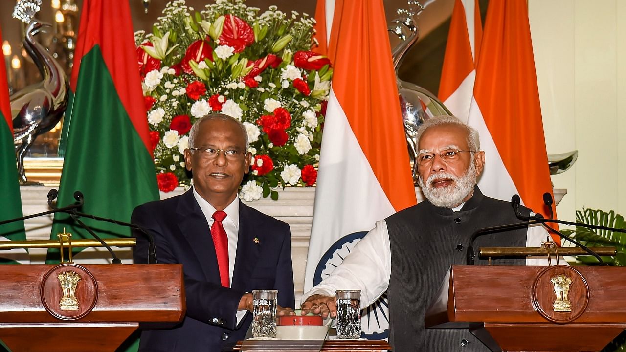 Prime Minister Narendra Modi with Maldives President Ibrahim Mohamed Solih during the release of a joint press statement, at Hyderabad House in New Delhi. Credit: PTI Photo