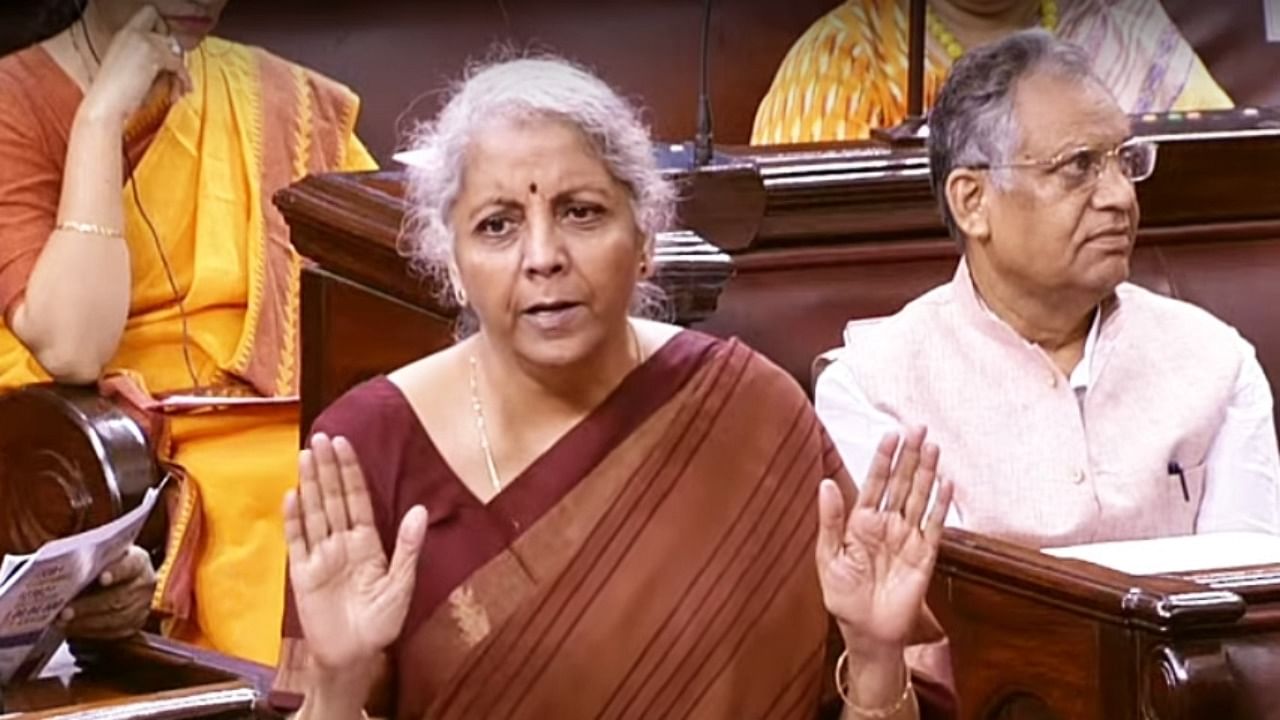 Union Finance Minister Nirmala Sitharaman speaks in Rajya Sabha during the ongoing Monsoon Session, in New Delhi. Credit: PTI Photo