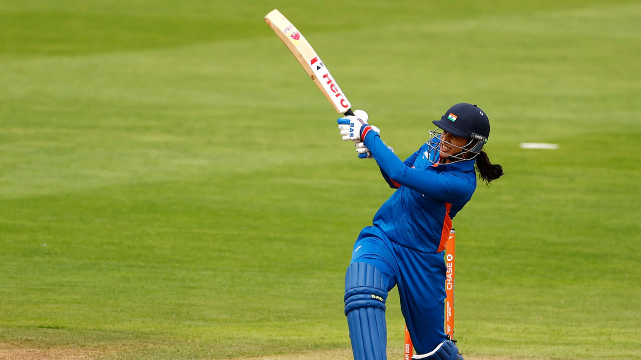 India's Smriti Mandhana hits the winning runs against Pakistan, July 31, 2022. Credit: Reuters Photo
