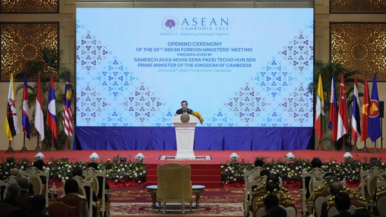 Cambodian Prime Minister Hun Sen delivers the opening speech for the 55th ASEAN Foreign Ministers' Meeting. Credit: AP Photo